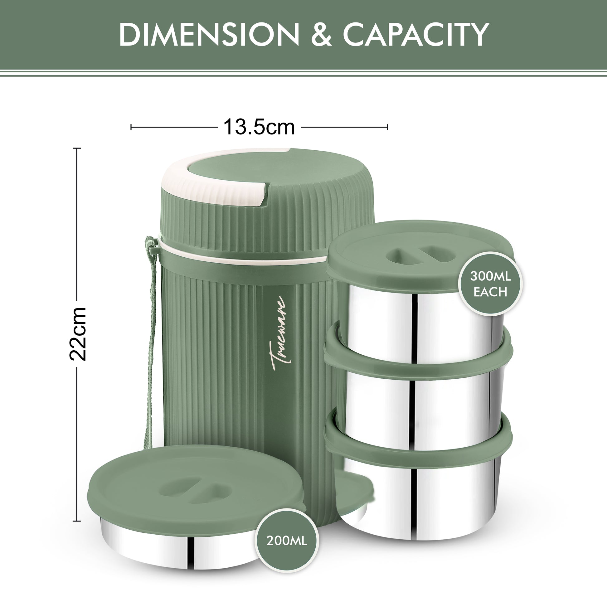 Trueware Plastic Grub 4 Double Wall Insulated Hot Lunch Box With 3 SS Container 300 Ml Each & 1 SS Container 200Ml