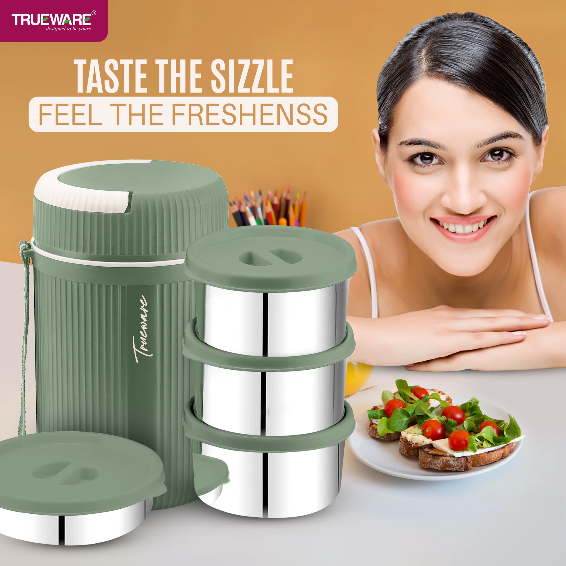 Trueware Plastic Grub 4 Double Wall Insulated Hot Lunch Box With 3 SS Container 300 Ml Each & 1 SS Container 200Ml