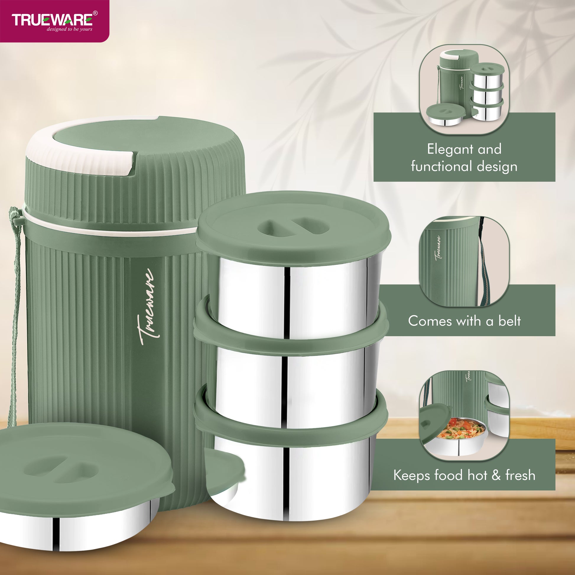 Trueware Plastic Grub 4 Double Wall Insulated Hot Lunch Box With 3 SS Container 300 Ml Each & 1 SS Container 200Ml