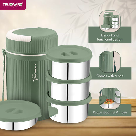 Trueware Plastic Grub 4 Double Wall Insulated Hot Lunch Box With 3 SS Container 300 Ml Each & 1 SS Container 200Ml
