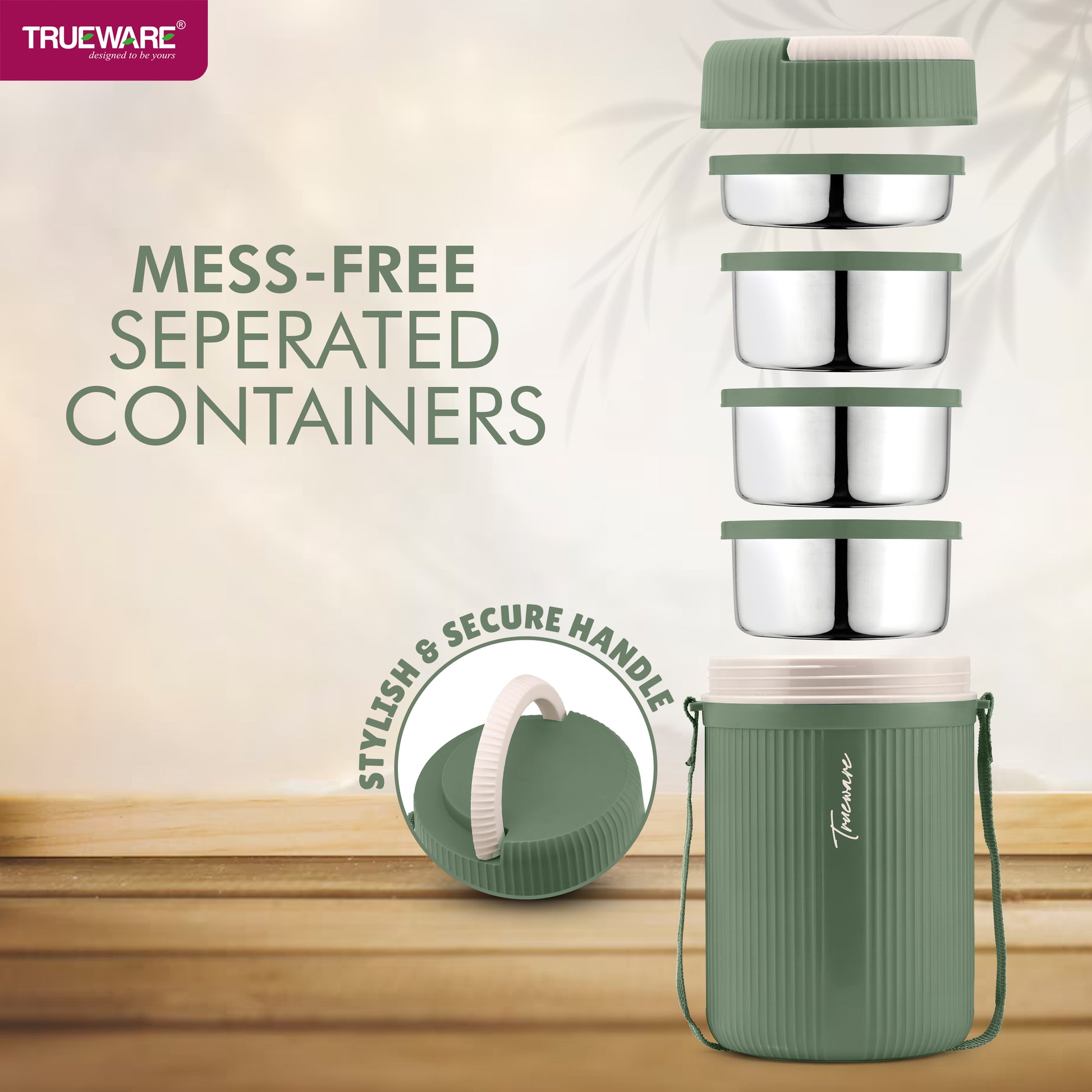 Trueware Plastic Grub 4 Double Wall Insulated Hot Lunch Box With 3 SS Container 300 Ml Each & 1 SS Container 200Ml