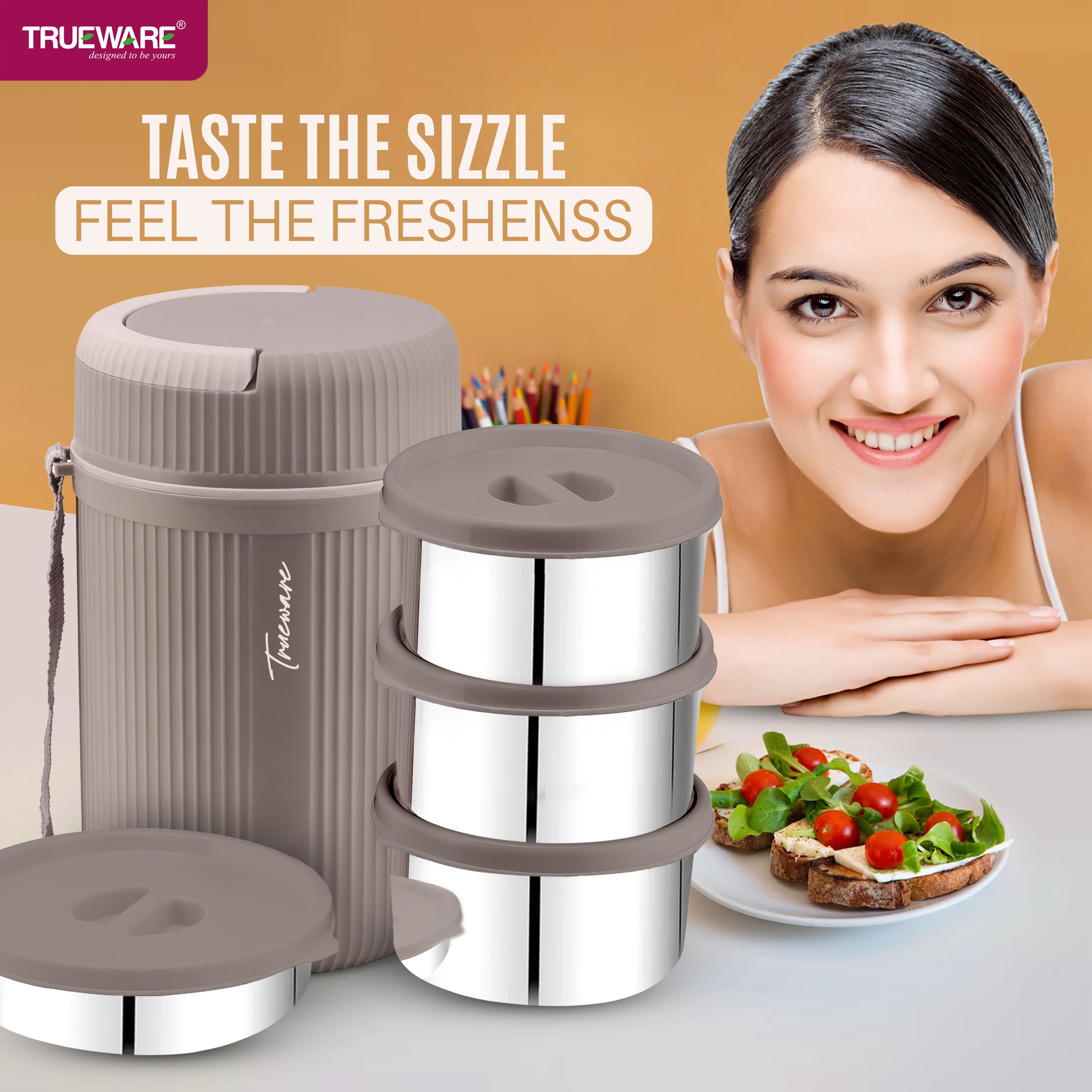 Trueware Plastic Grub 4 Double Wall Insulated Hot Lunch Box With 3 SS Container 300 Ml Each & 1 SS Container 200Ml