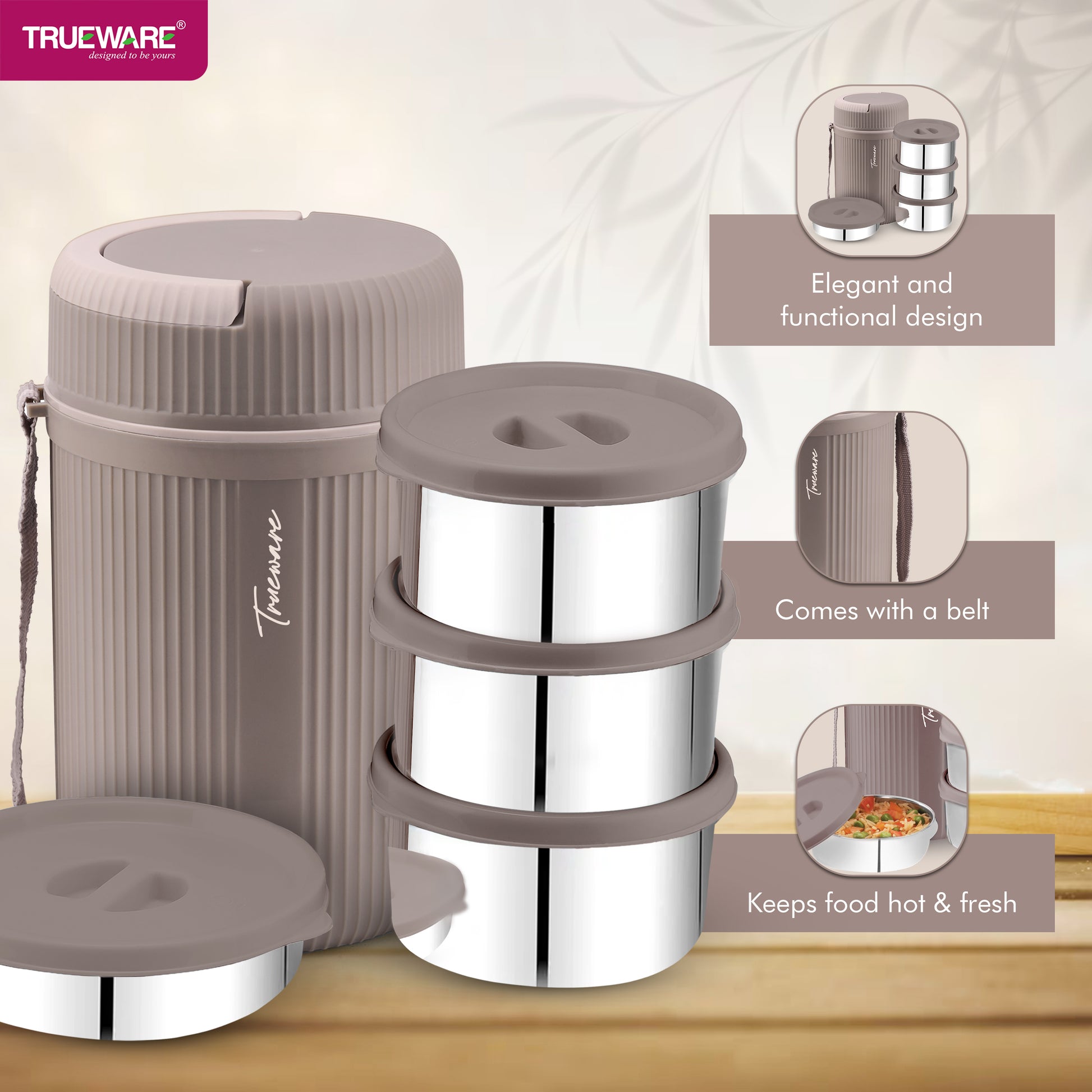 Trueware Plastic Grub 4 Double Wall Insulated Hot Lunch Box With 3 SS Container 300 Ml Each & 1 SS Container 200Ml