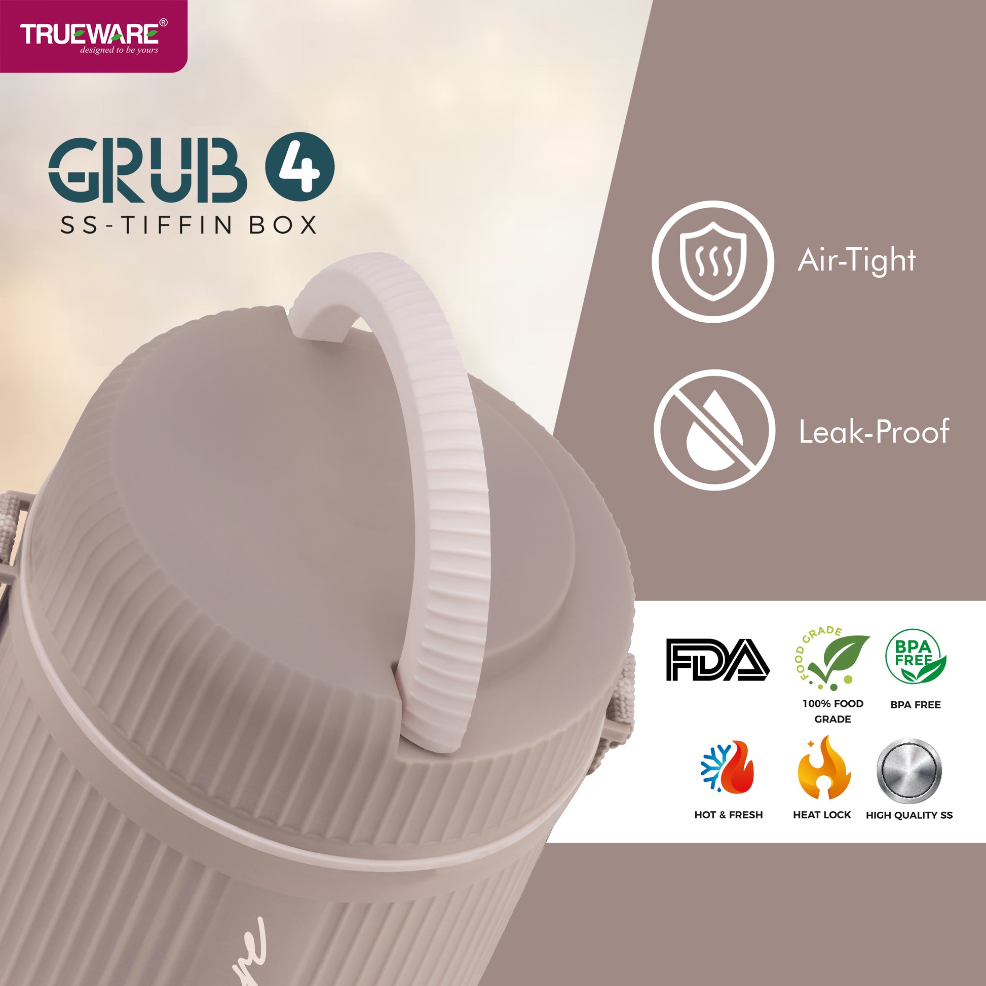 Trueware Plastic Grub 4 Double Wall Insulated Hot Lunch Box With 3 SS Container 300 Ml Each & 1 SS Container 200Ml