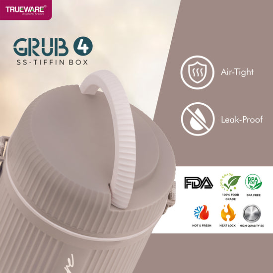 Trueware Plastic Grub 4 Double Wall Insulated Hot Lunch Box With 3 SS Container 300 Ml Each & 1 SS Container 200Ml