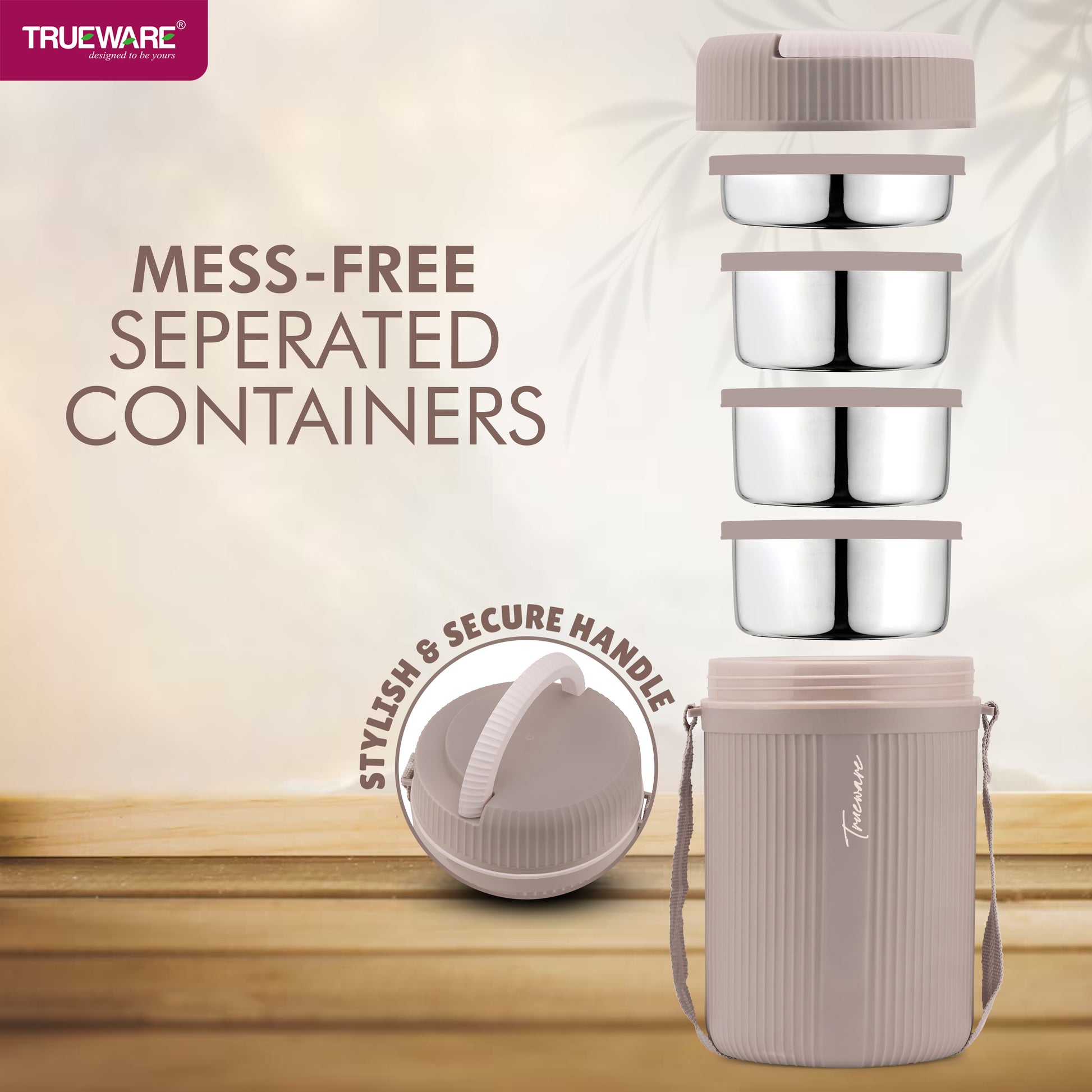 Trueware Plastic Grub 4 Double Wall Insulated Hot Lunch Box With 3 SS Container 300 Ml Each & 1 SS Container 200Ml