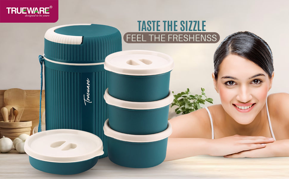 Trueware Meal 4 Insulated Hot Lunch Box with 3 PP Container 300 ML Each & 1 200ML