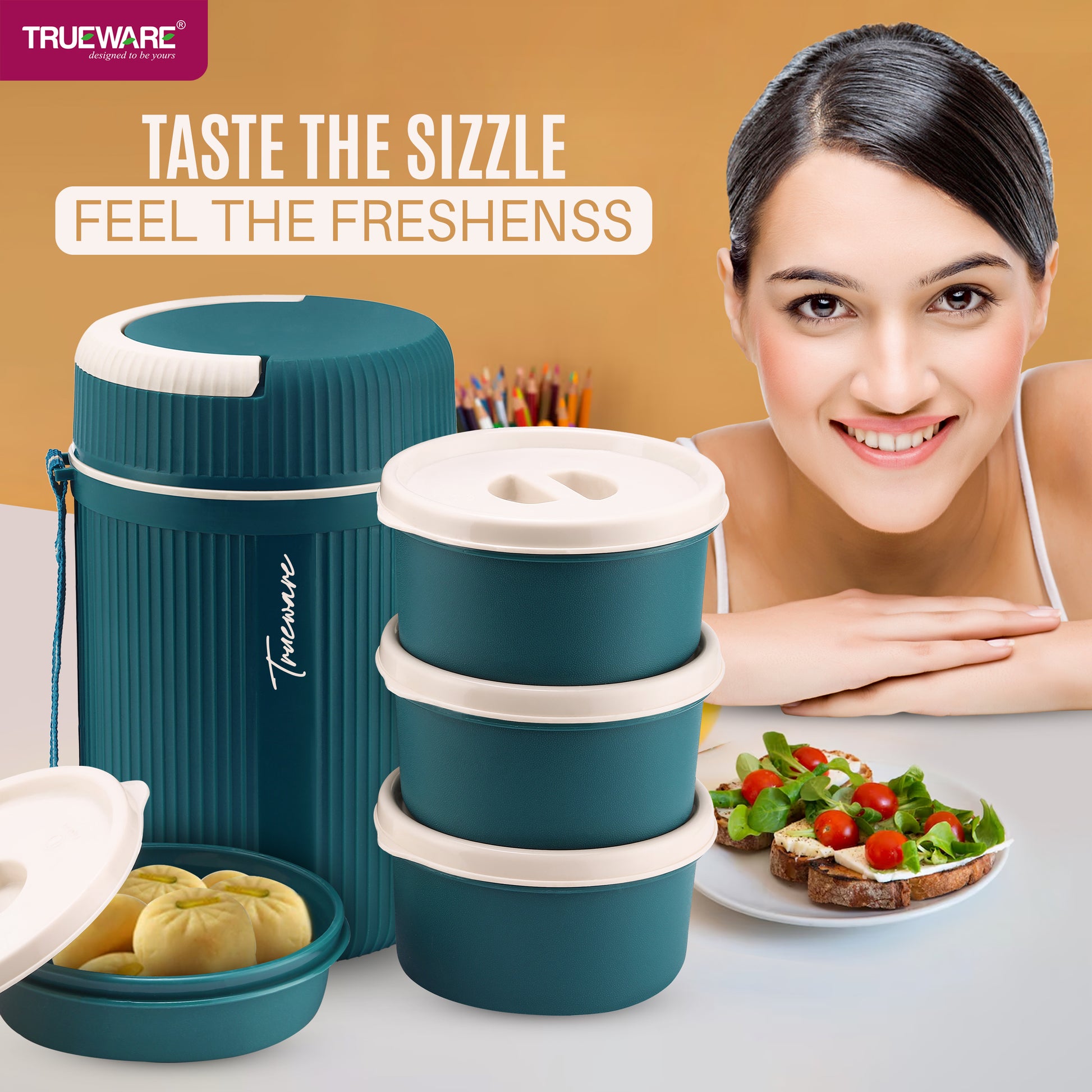 Trueware Meal 4 Insulated Hot Lunch Box with 3 PP Container 300 ML Each & 1 200ML