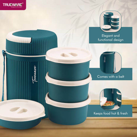 Trueware Meal 4 Insulated Hot Lunch Box with 3 PP Container 300 ML Each & 1 200ML