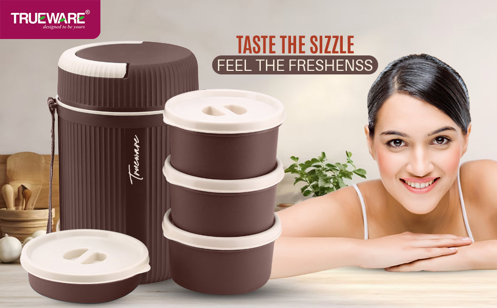 Trueware Meal 4 Insulated Hot Lunch Box with 3 PP Container 300 ML Each & 1 200ML