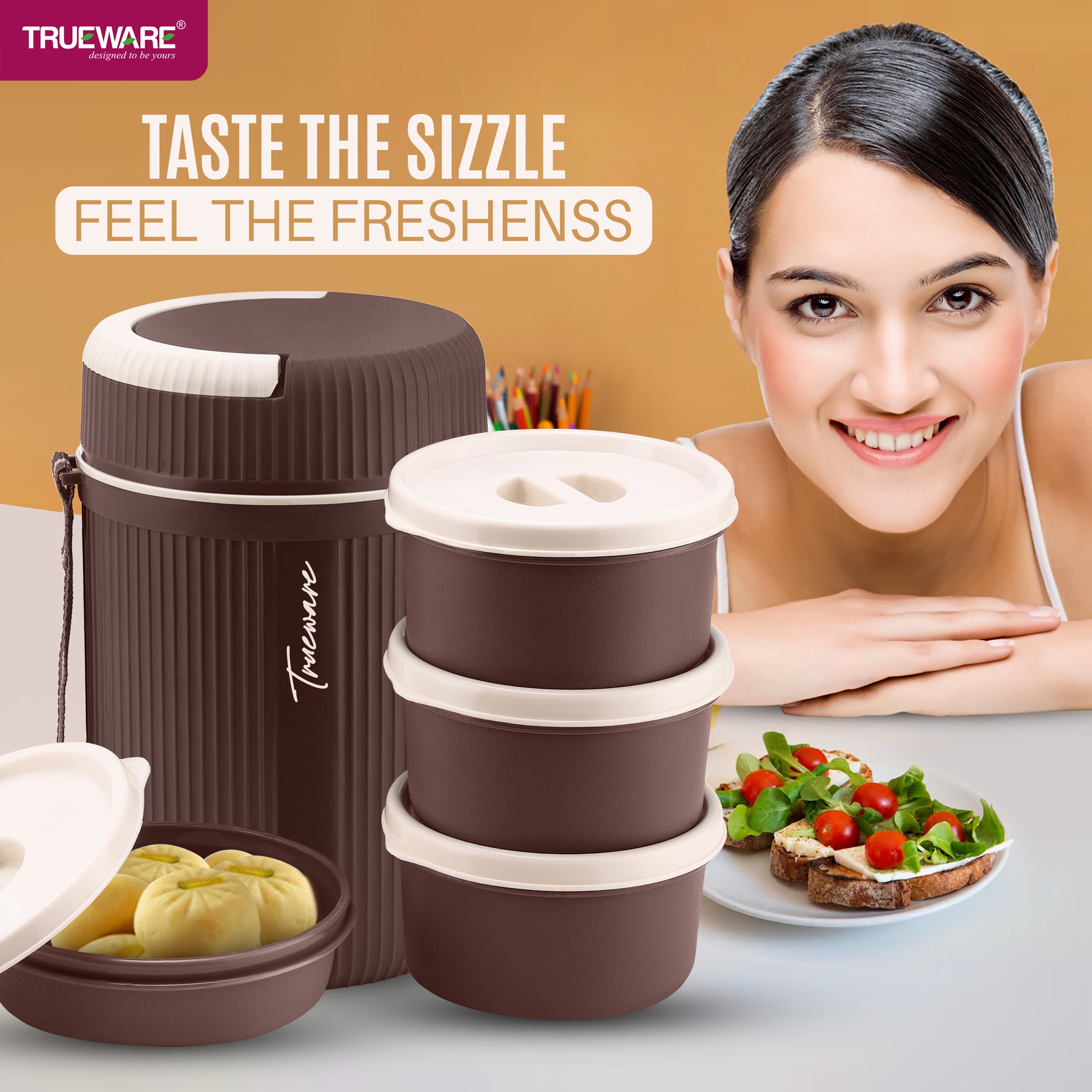 Trueware Meal 4 Insulated Hot Lunch Box with 3 PP Container 300 ML Each & 1 200ML
