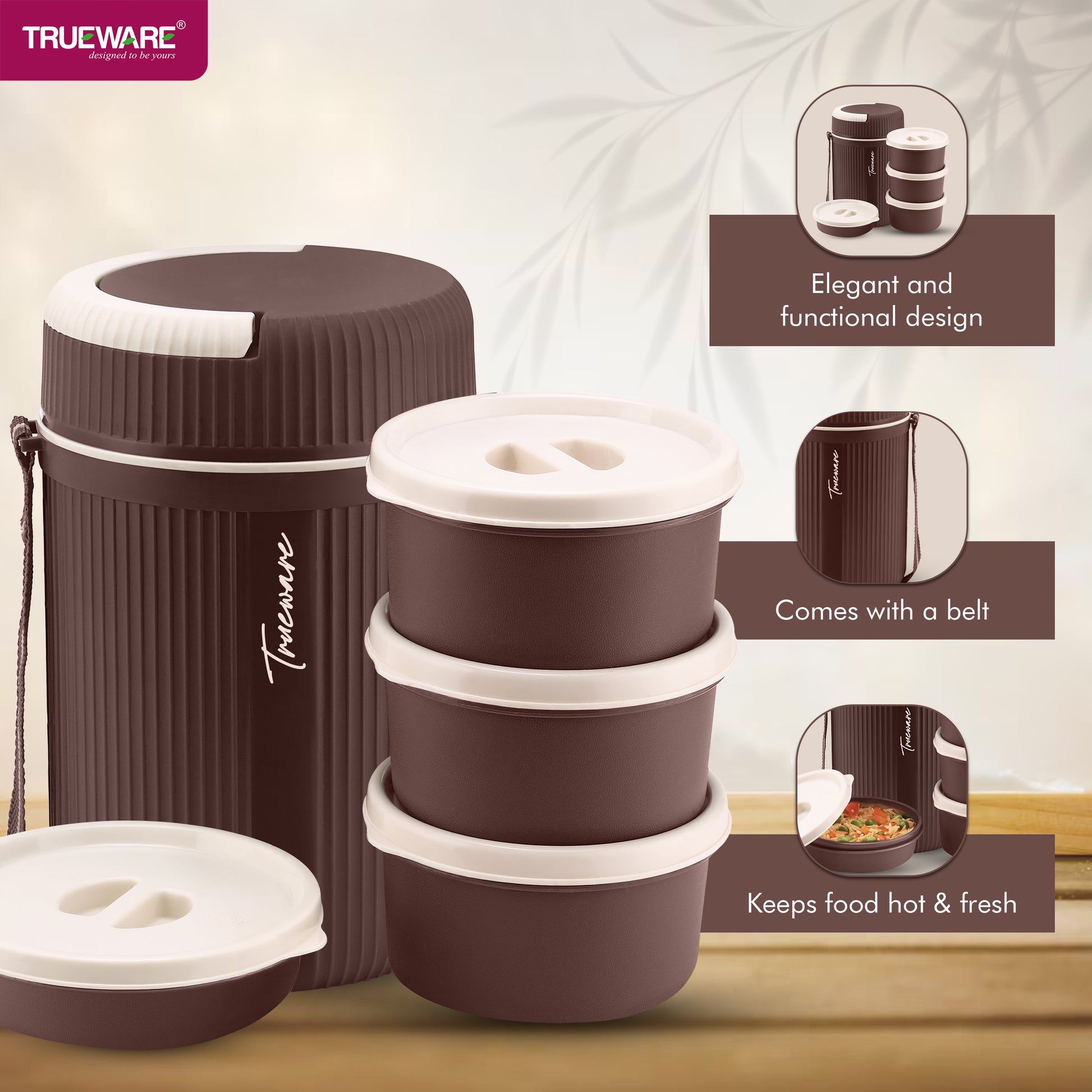 Trueware Meal 4 Insulated Hot Lunch Box with 3 PP Container 300 ML Each & 1 200ML
