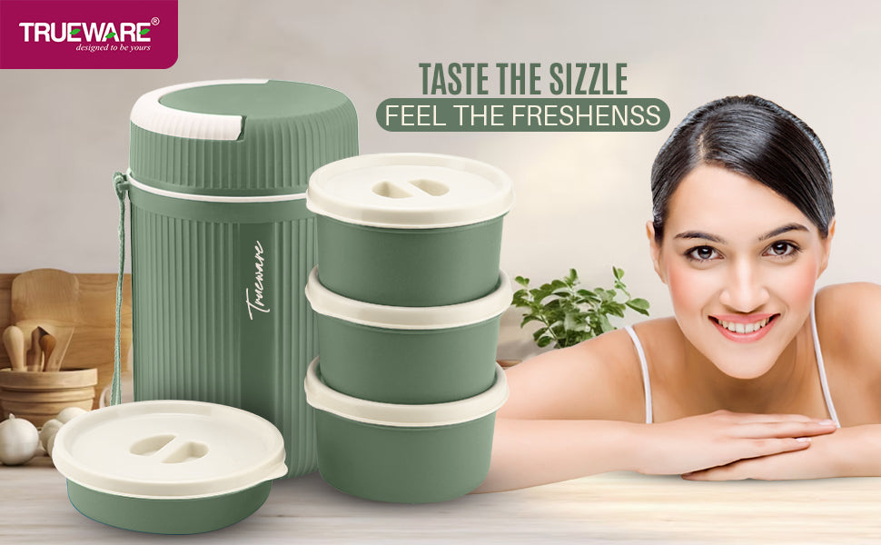 Trueware Meal 4 Insulated Hot Lunch Box with 3 PP Container 300 ML Each & 1 200ML