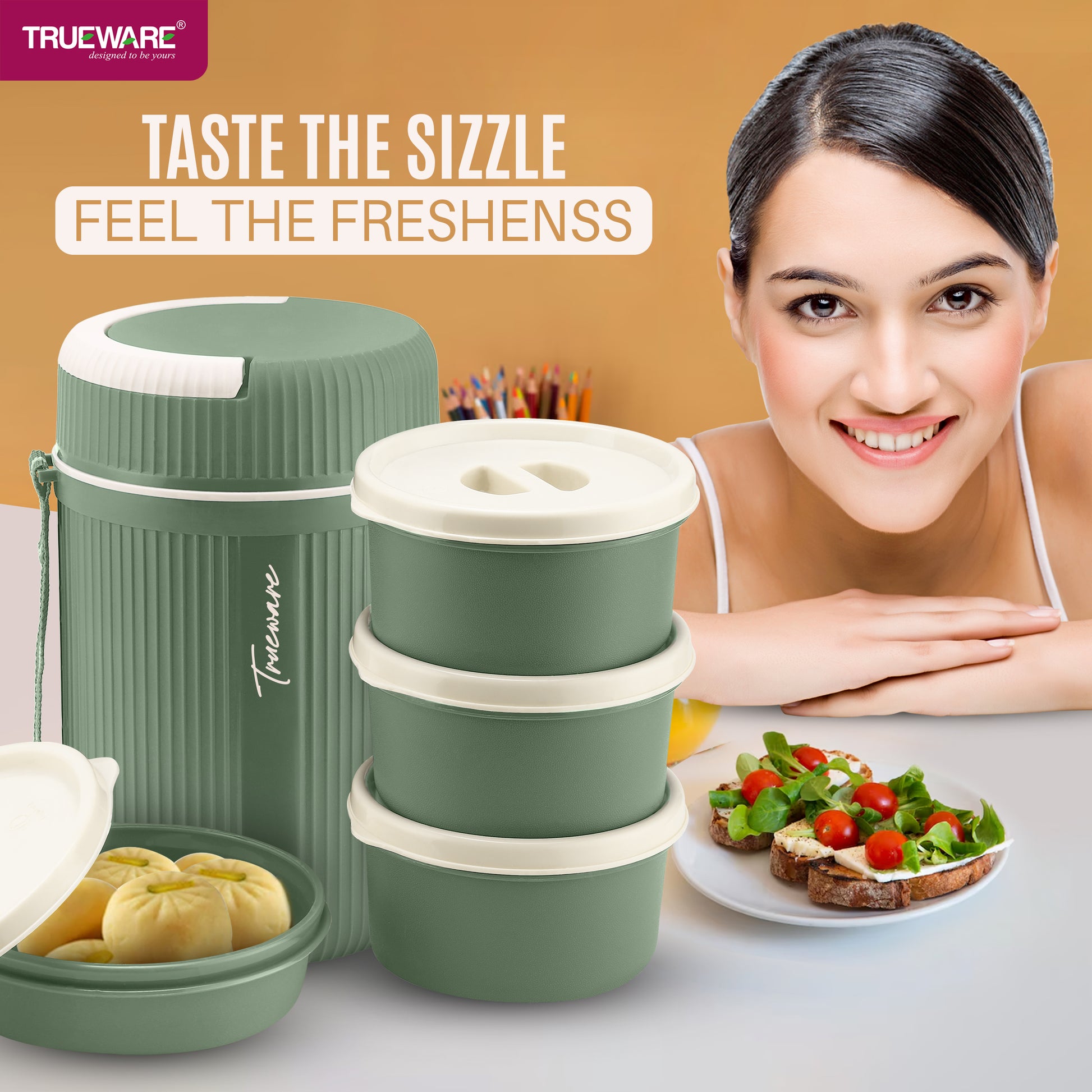 Trueware Meal 4 Insulated Hot Lunch Box with 3 PP Container 300 ML Each & 1 200ML