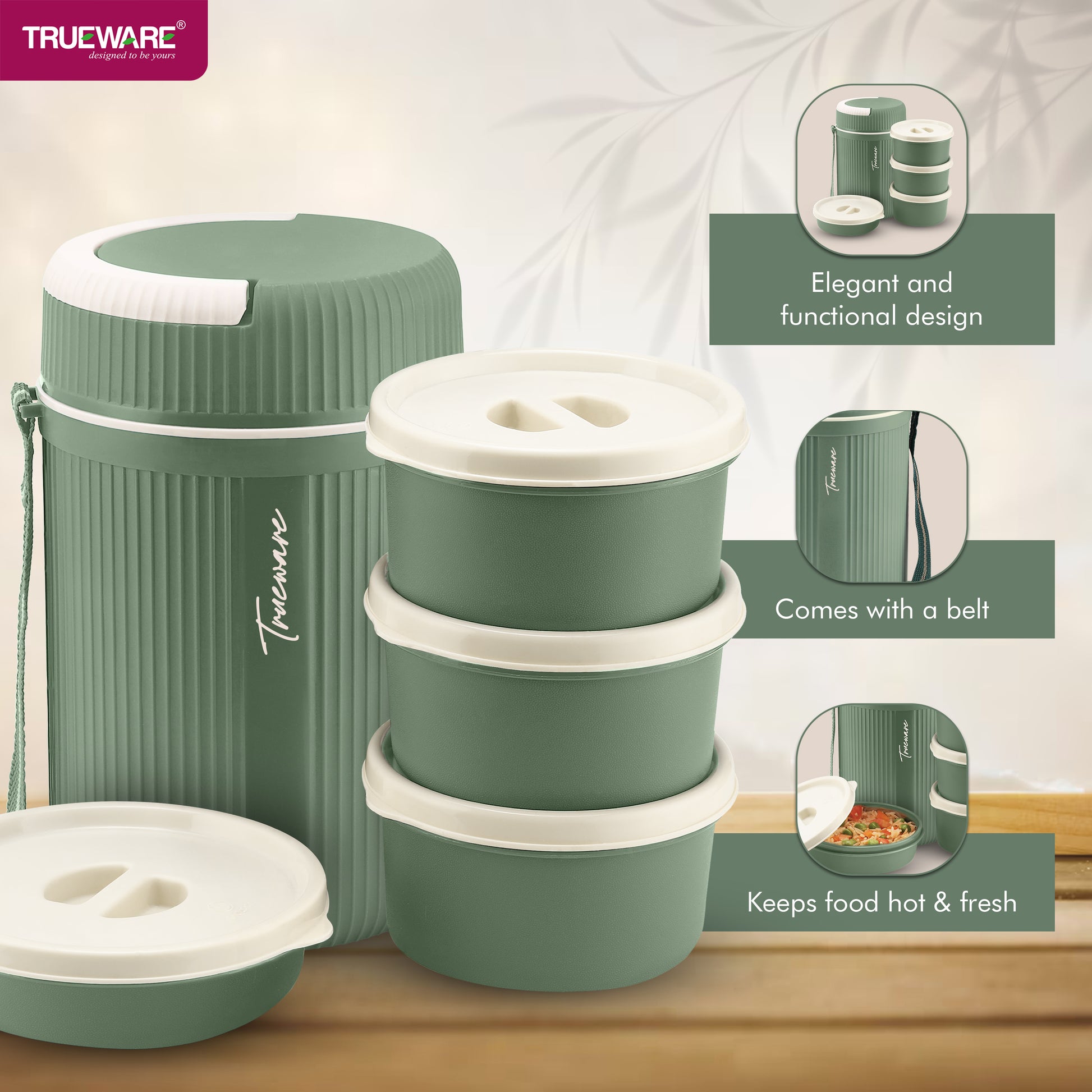 Trueware Meal 4 Insulated Hot Lunch Box with 3 PP Container 300 ML Each & 1 200ML