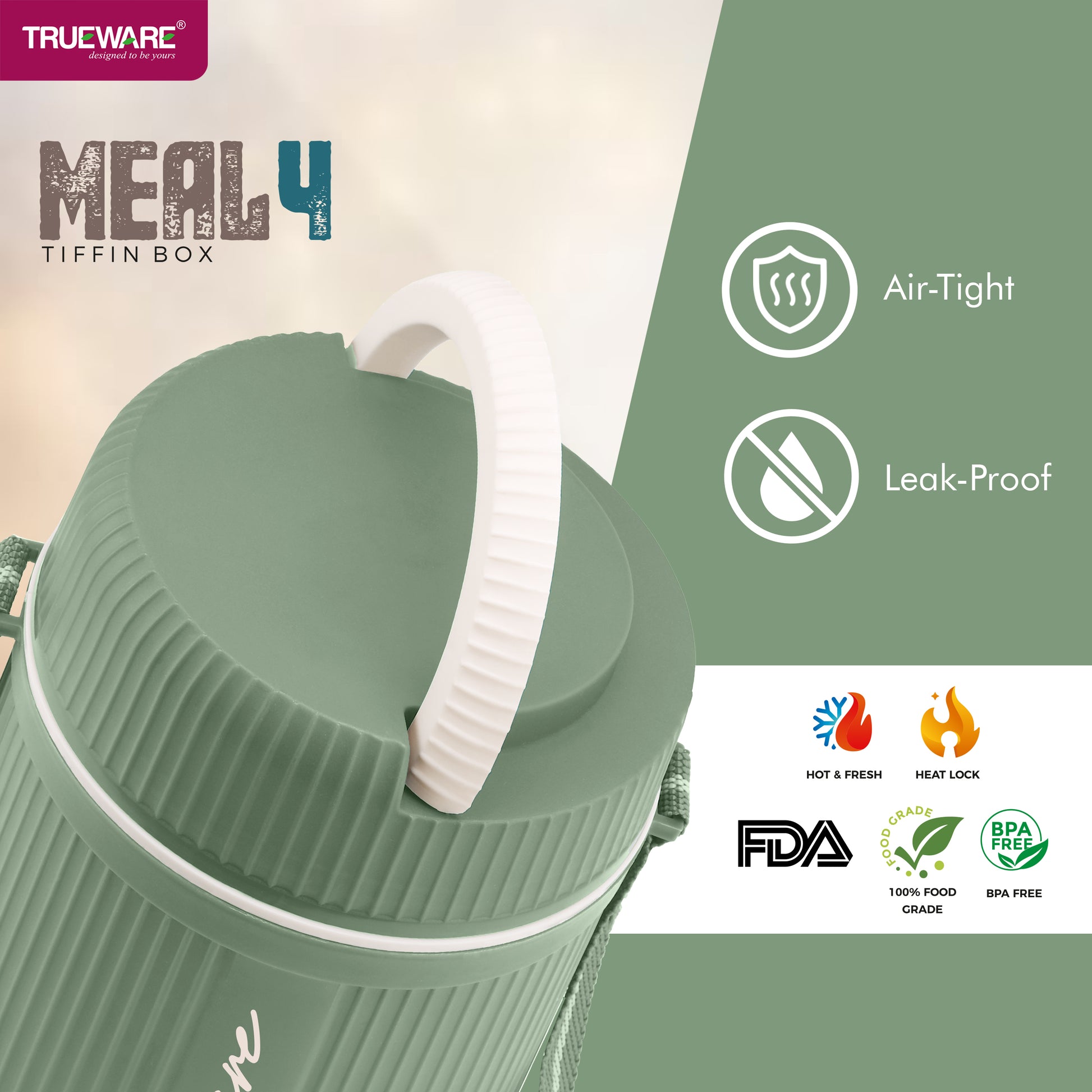 Trueware Meal 4 Insulated Hot Lunch Box with 3 PP Container 300 ML Each & 1 200ML