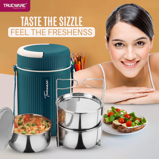 Trueware Quick Meal 3 Insulated Thermoware Hot Lunch Box with 3 SS Container 300 ML Each