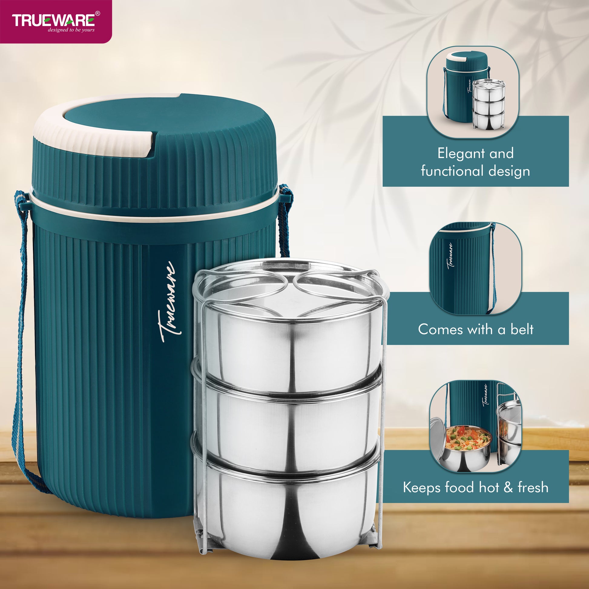 Trueware Quick Meal 3 Insulated Thermoware Hot Lunch Box with 3 SS Container 300 ML Each