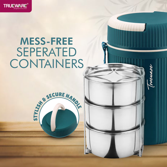 Trueware Quick Meal 3 Insulated Thermoware Hot Lunch Box with 3 SS Container 300 ML Each