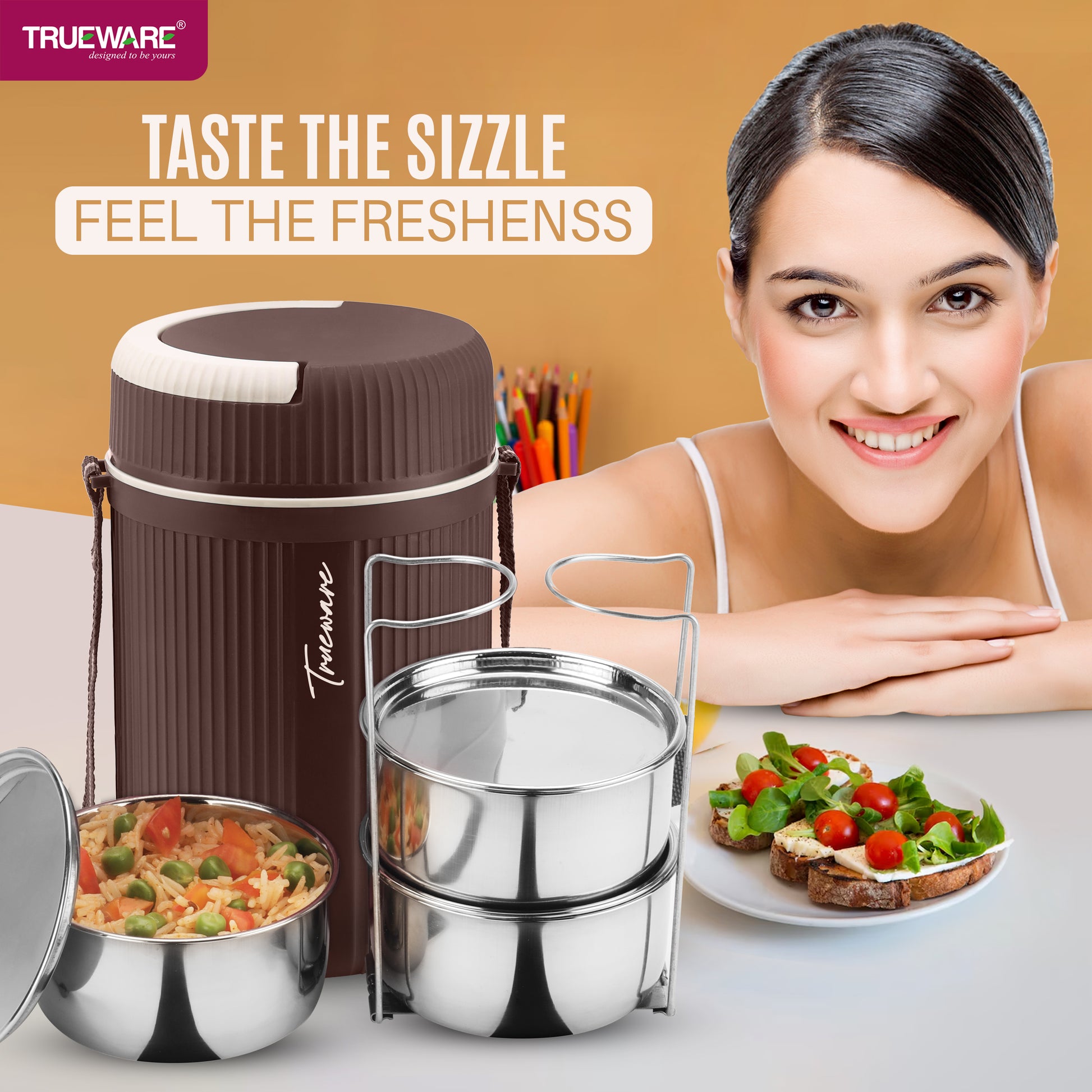 Trueware Quick Meal 3 Insulated Thermoware Hot Lunch Box with 3 SS Container 300 ML Each