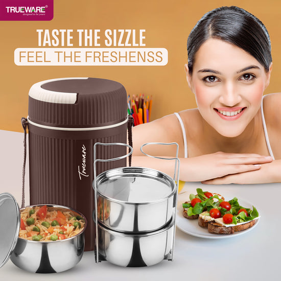 Trueware Quick Meal 3 Insulated Thermoware Hot Lunch Box with 3 SS Container 300 ML Each