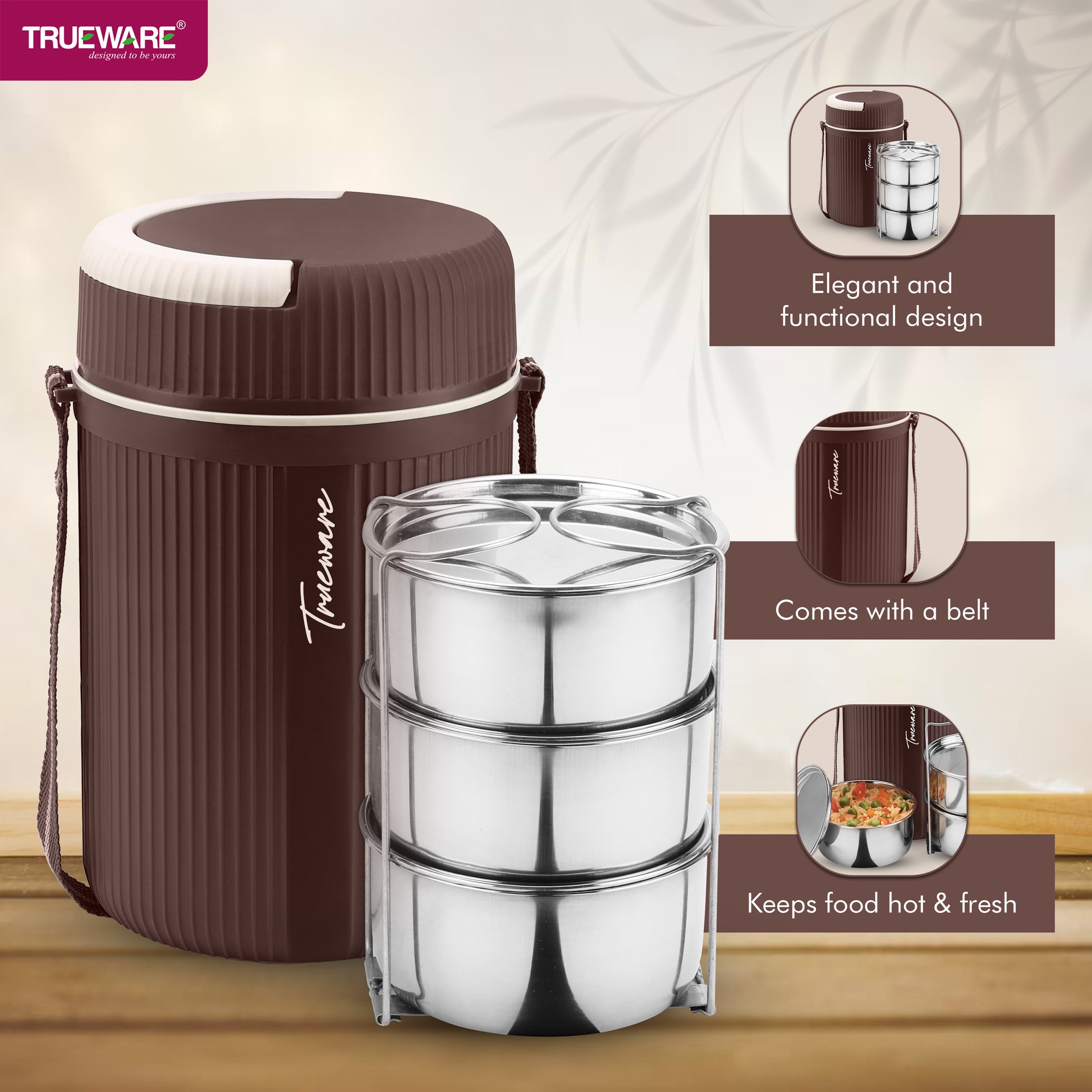 Trueware Quick Meal 3 Insulated Thermoware Hot Lunch Box with 3 SS Container 300 ML Each