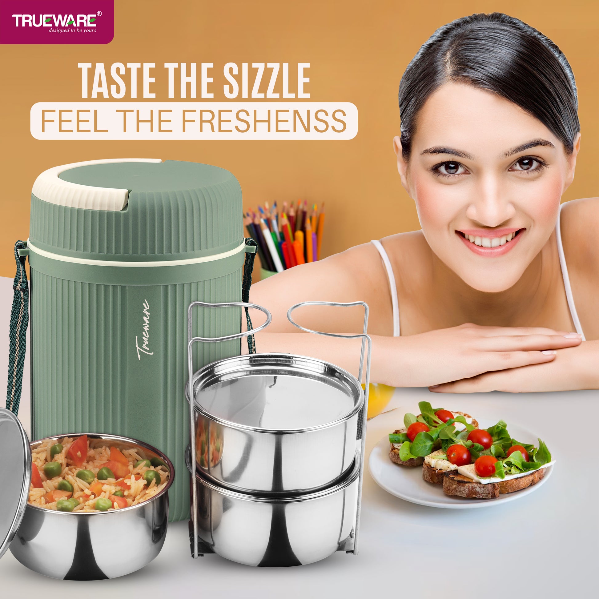 Trueware Quick Meal 3 Insulated Thermoware Hot Lunch Box with 3 SS Container 300 ML Each