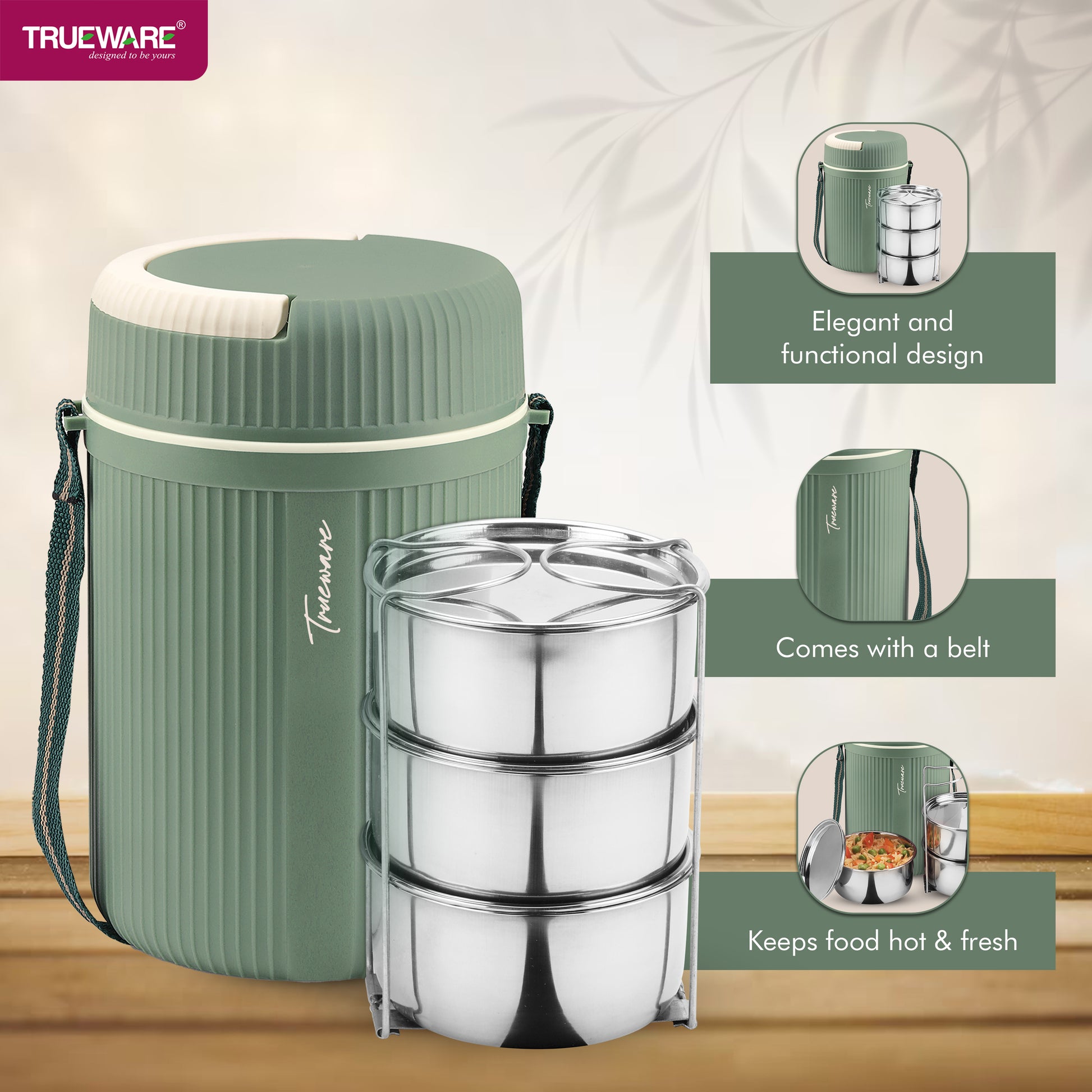 Trueware Quick Meal 3 Insulated Thermoware Hot Lunch Box with 3 SS Container 300 ML Each