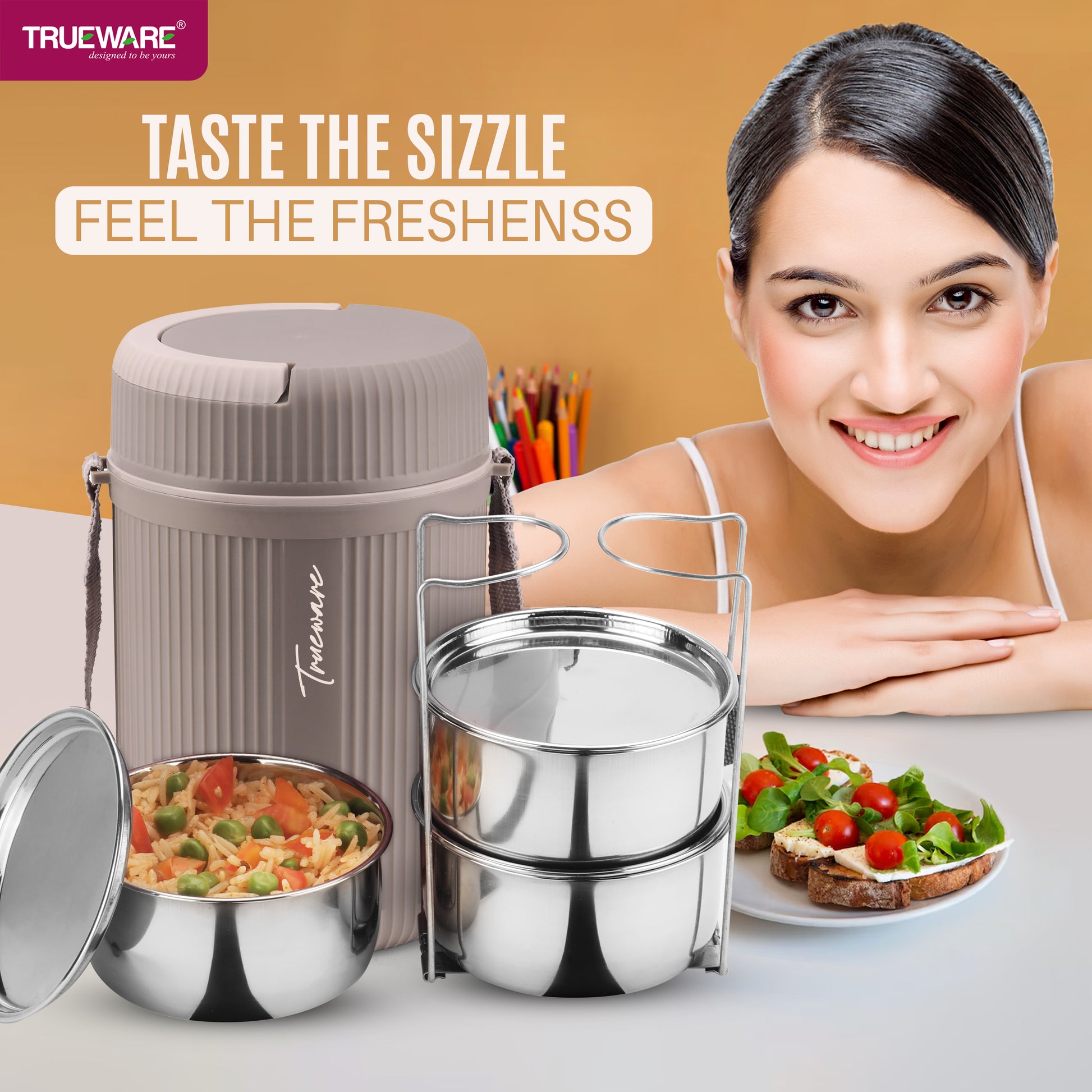 Trueware Quick Meal 3 Insulated Thermoware Hot Lunch Box with 3 SS Container 300 ML Each