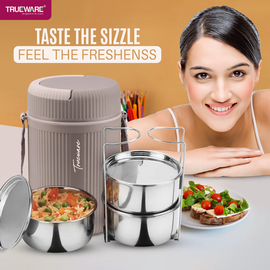 Trueware Quick Meal 3 Insulated Thermoware Hot Lunch Box with 3 SS Container 300 ML Each