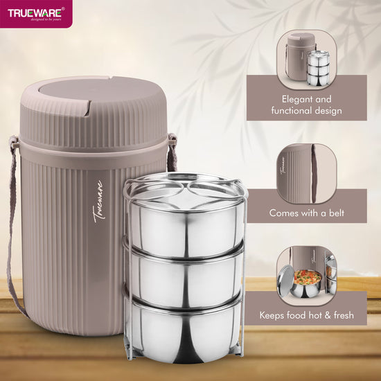 Trueware Quick Meal 3 Insulated Thermoware Hot Lunch Box with 3 SS Container 300 ML Each