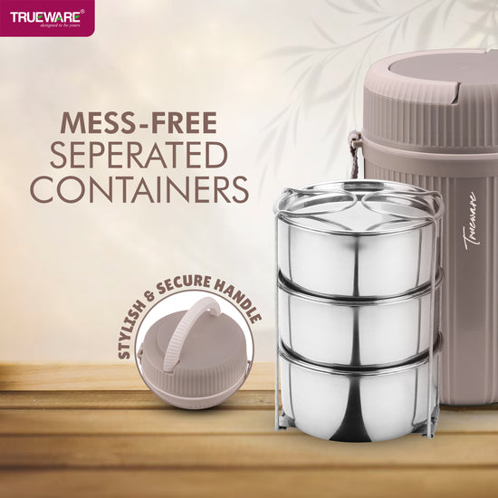 Trueware Quick Meal 3 Insulated Thermoware Hot Lunch Box with 3 SS Container 300 ML Each