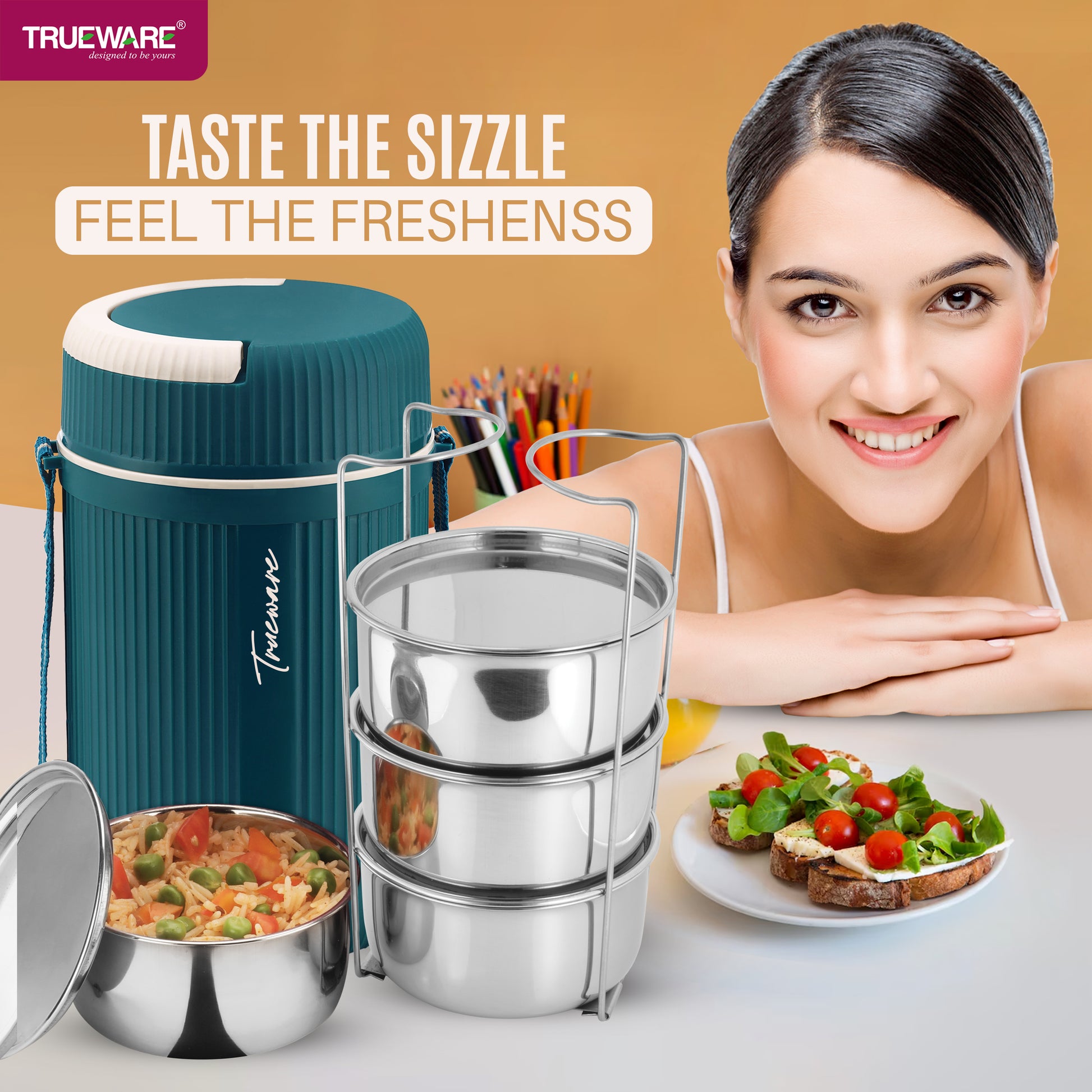 Trueware Quick Meal 4 Insulated Thermoware Hot Lunch Box with 4 SS Container 300 ML Each