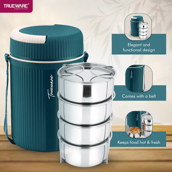 Trueware Quick Meal 4 Insulated Thermoware Hot Lunch Box with 4 SS Container 300 ML Each