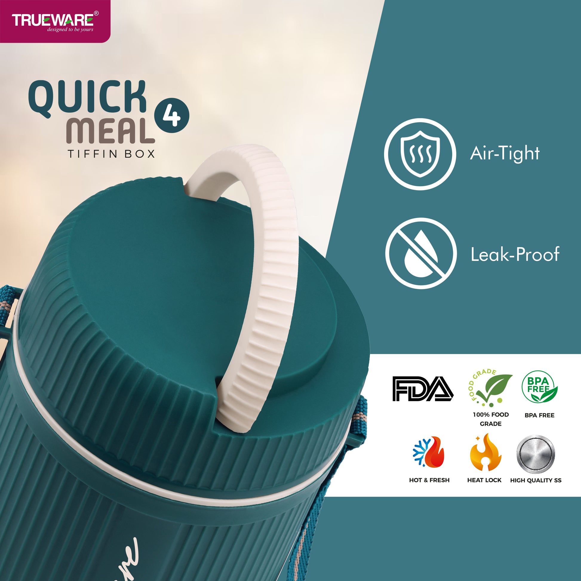 Trueware Quick Meal 4 Insulated Thermoware Hot Lunch Box with 4 SS Container 300 ML Each