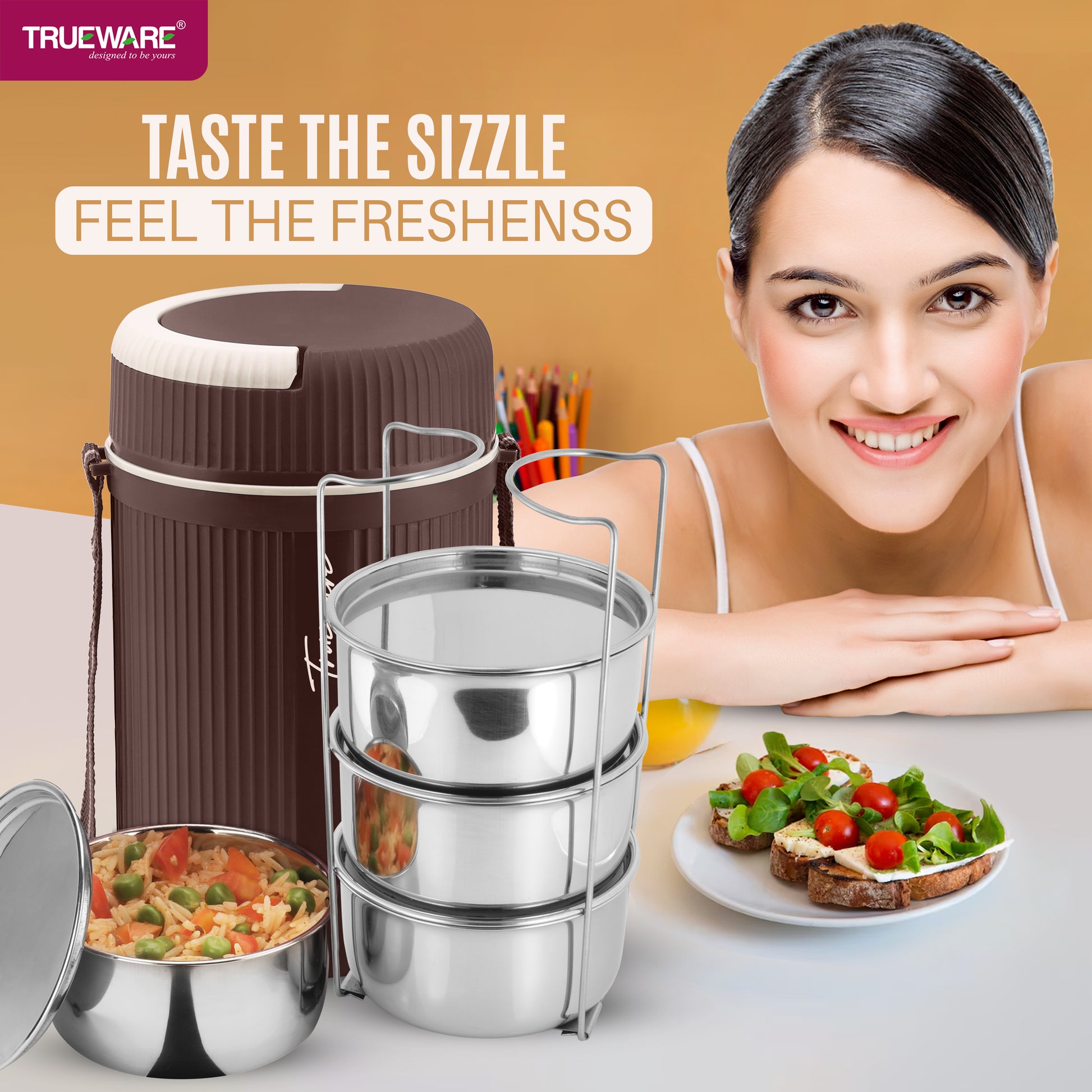 Trueware Quick Meal 4 Insulated Thermoware Hot Lunch Box with 4 SS Container 300 ML Each