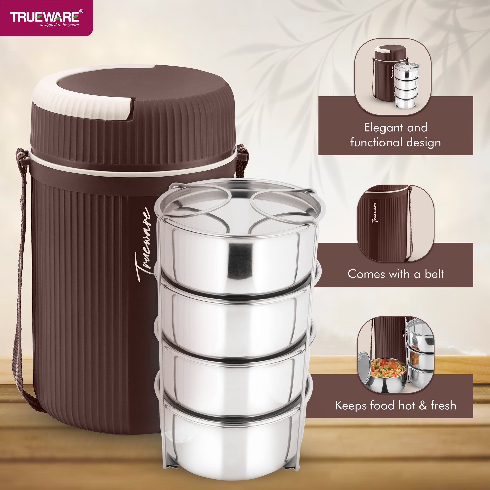 Trueware Quick Meal 4 Insulated Thermoware Hot Lunch Box with 4 SS Container 300 ML Each