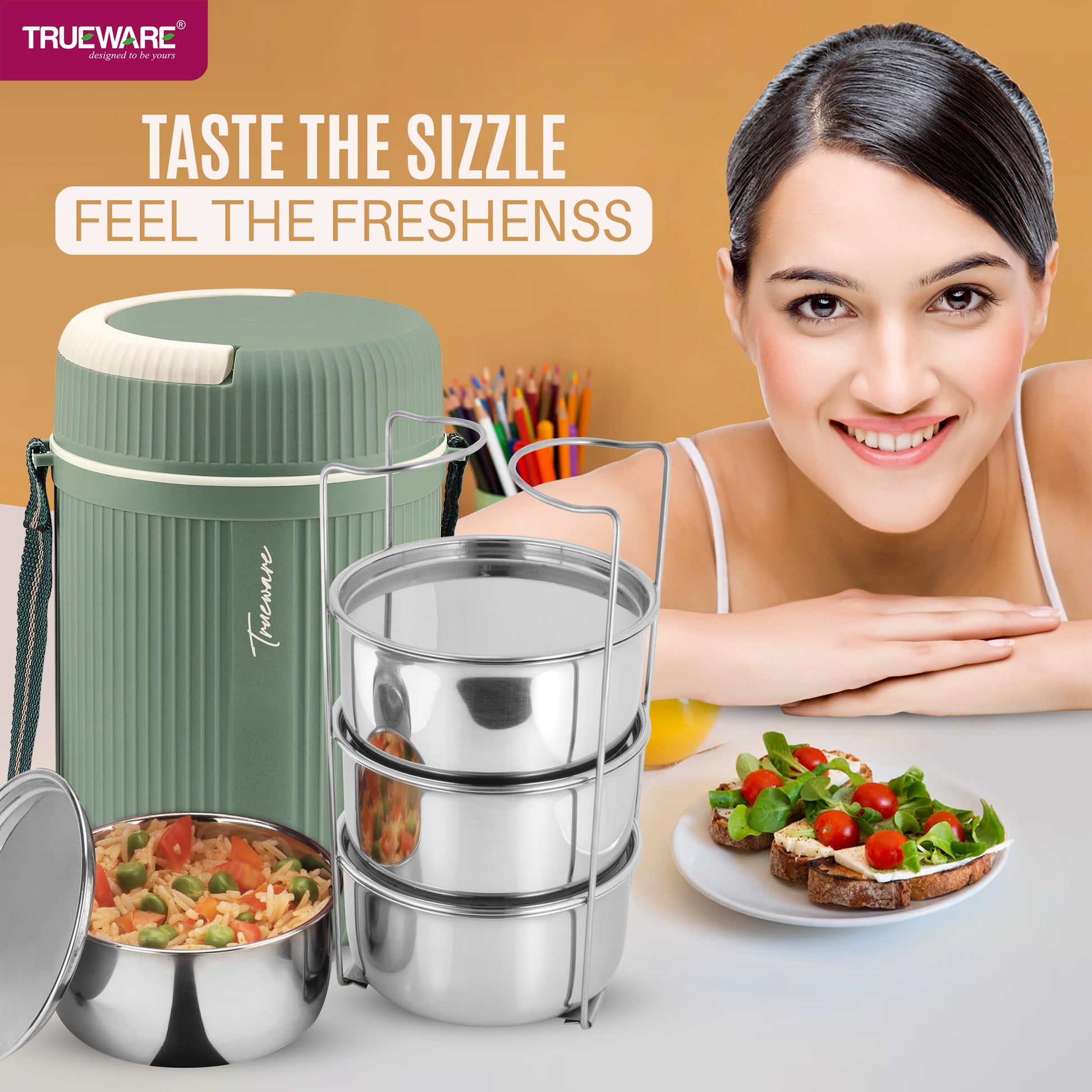 Trueware Quick Meal 4 Insulated Thermoware Hot Lunch Box with 4 SS Container 300 ML Each