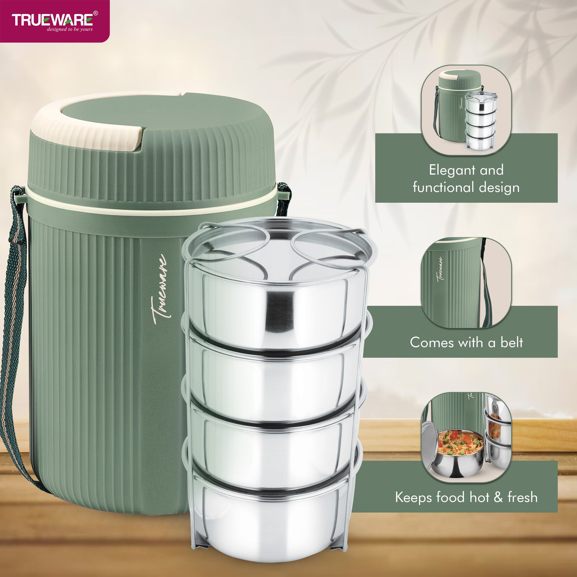 Trueware Quick Meal 4 Insulated Thermoware Hot Lunch Box with 4 SS Container 300 ML Each
