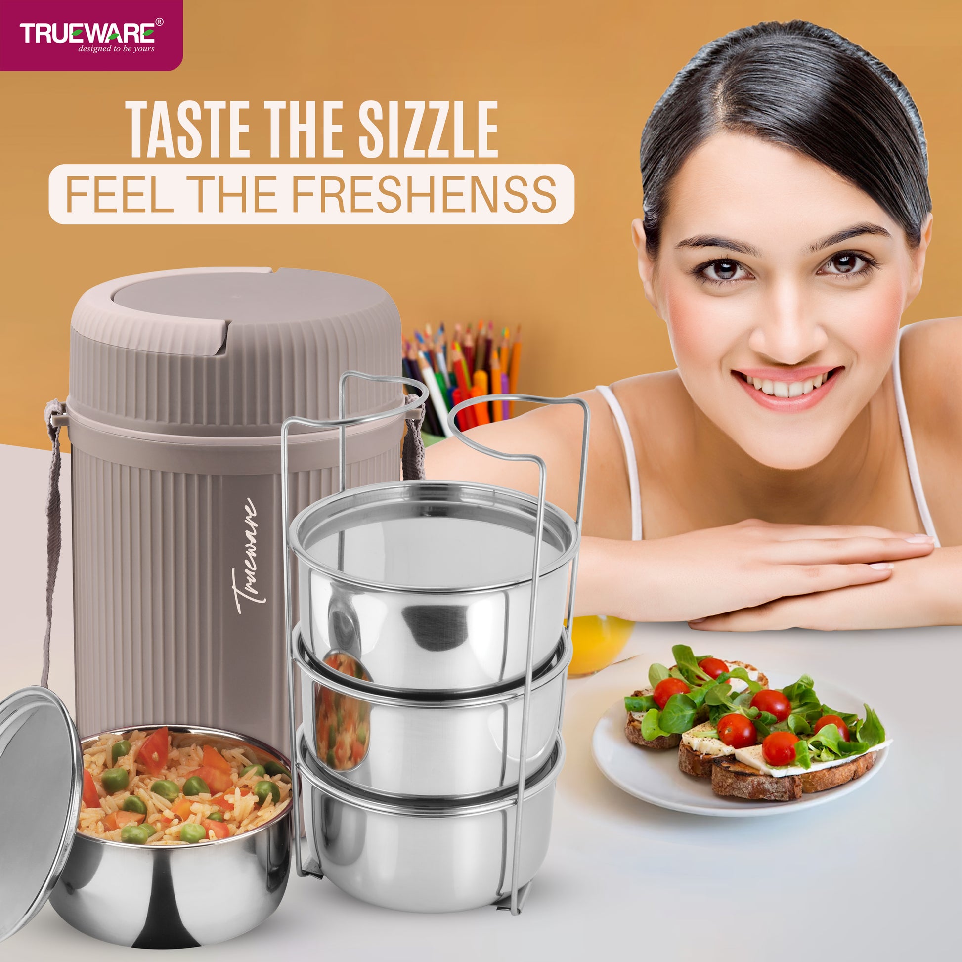 Trueware Quick Meal 4 Insulated Thermoware Hot Lunch Box with 4 SS Container 300 ML Each