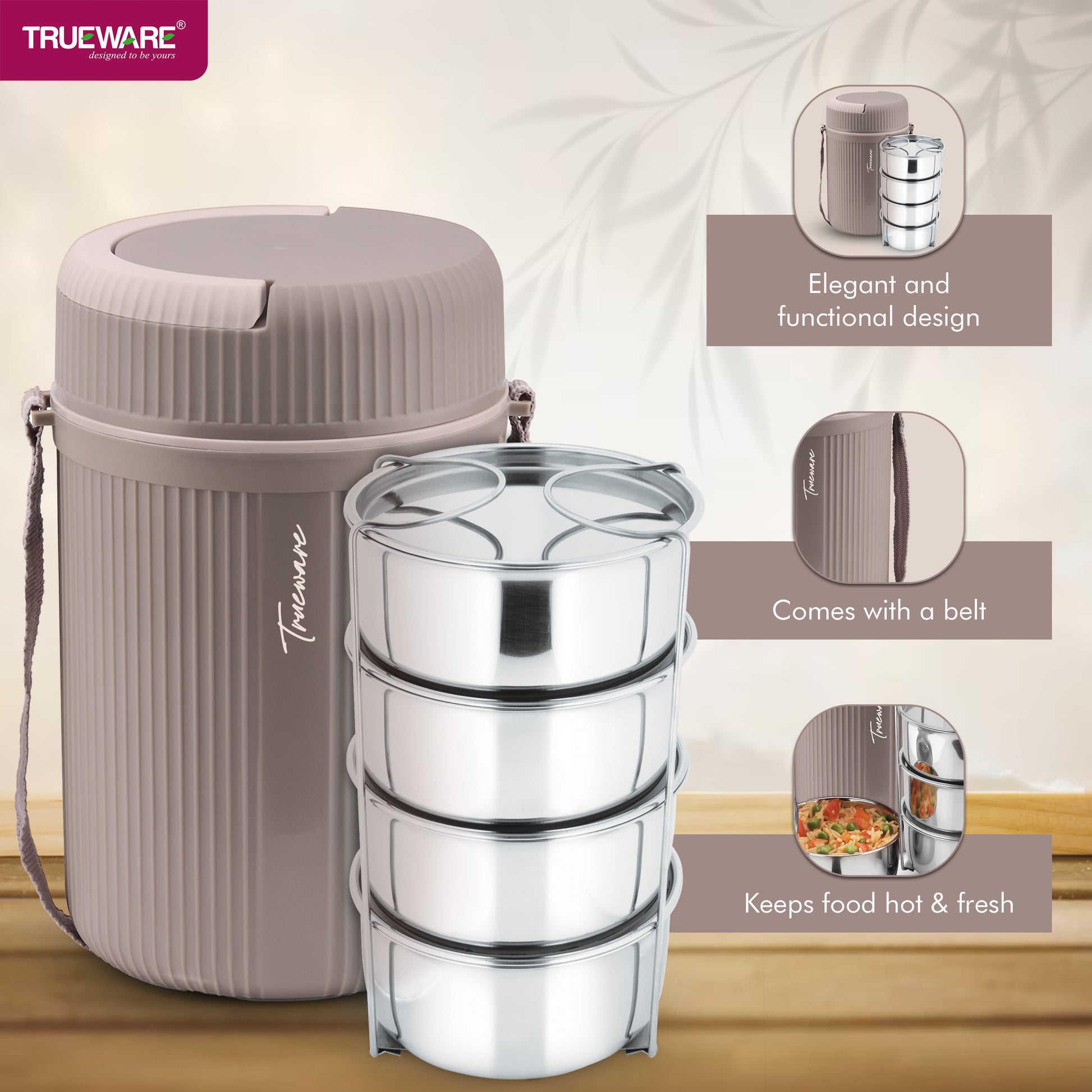 Trueware Quick Meal 4 Insulated Thermoware Hot Lunch Box with 4 SS Container 300 ML Each