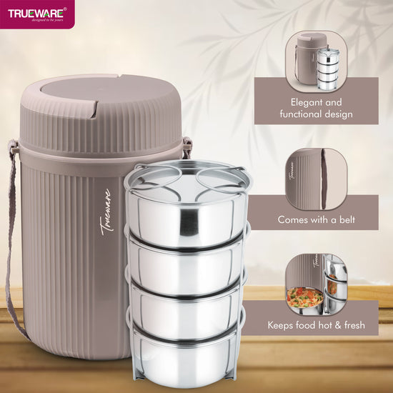 Trueware Quick Meal 4 Insulated Thermoware Hot Lunch Box with 4 SS Container 300 ML Each
