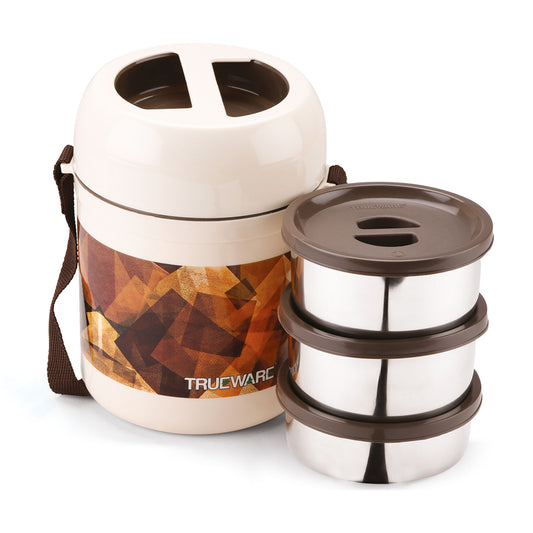 Trueware Office 2 Lunch Box with 3 Stainless Steel Container,300ml X2, 200Ml X 1 Brown