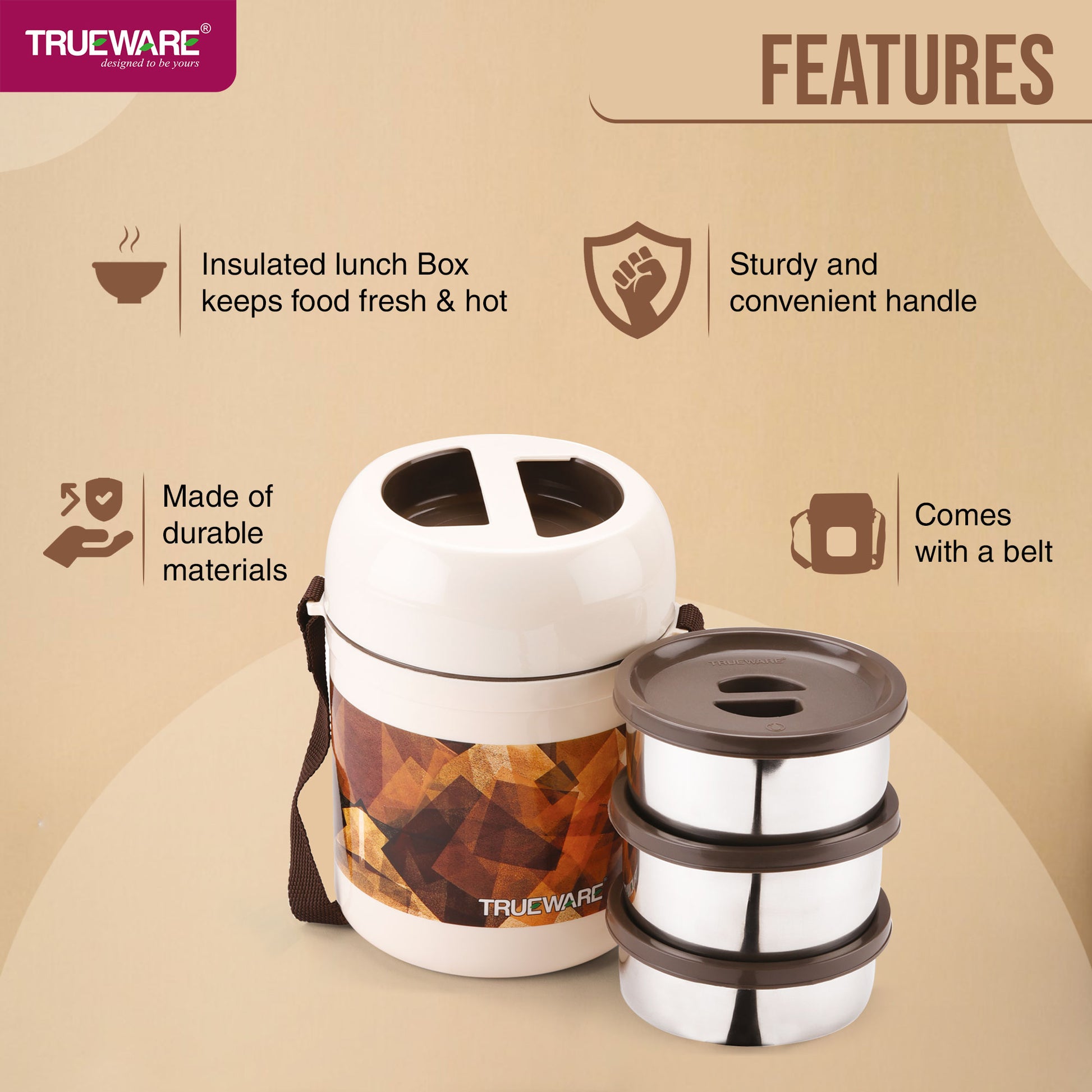 Trueware Office 2 Lunch Box with 3 Stainless Steel Container,300ml X2, 200Ml X 1 Brown