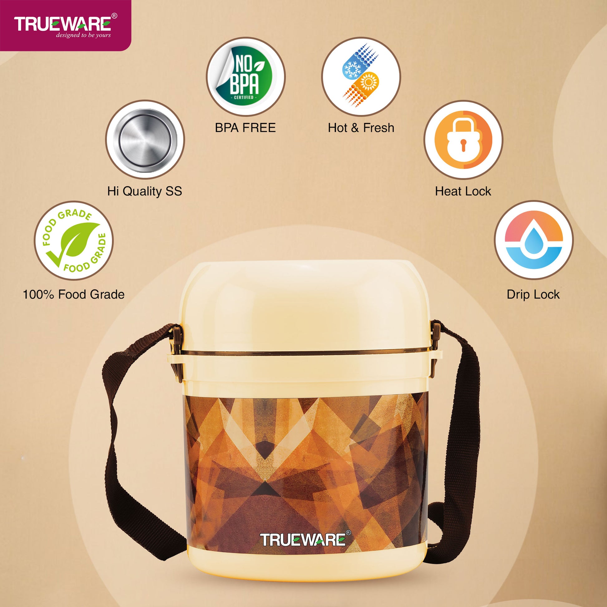 Trueware Office 2 Lunch Box with 3 Stainless Steel Container,300ml X2, 200Ml X 1 Brown