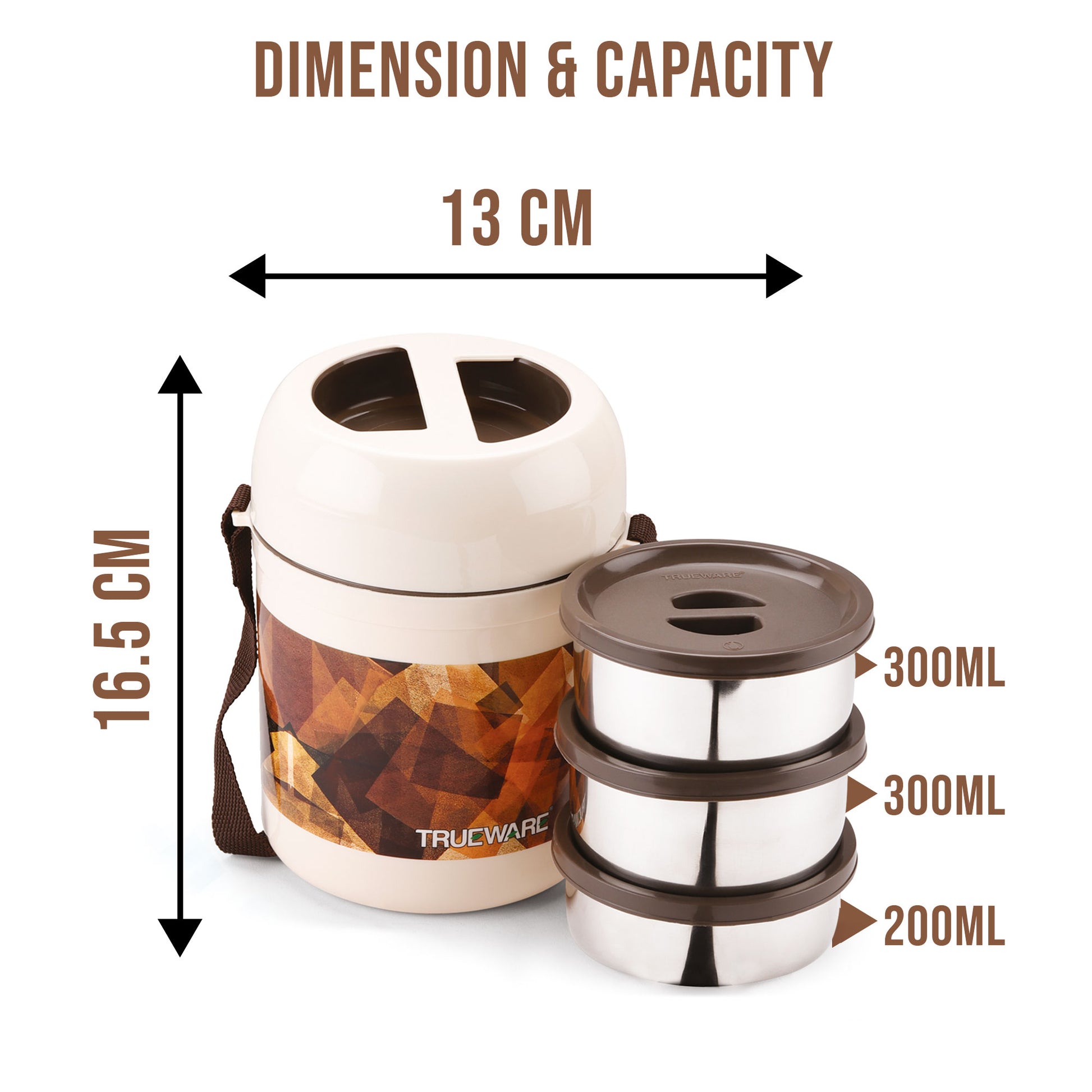 Trueware Office 2 Lunch Box with 3 Stainless Steel Container,300ml X2, 200Ml X 1 Brown