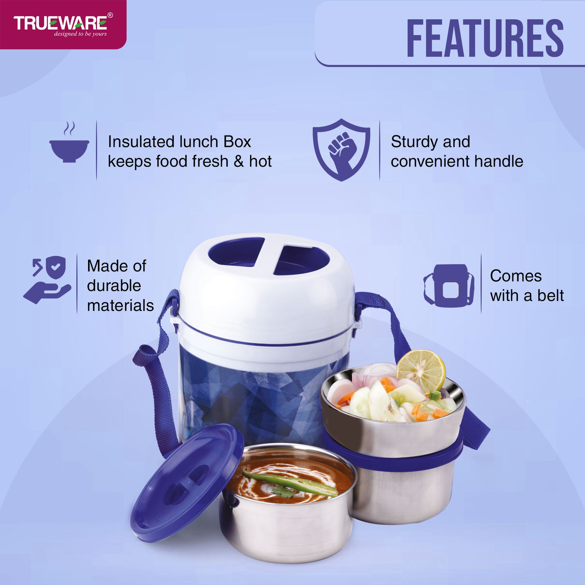 Trueware Office 2 Lunch Box with 3 Stainless Steel Container,300ml X2, 200Ml X 1 Brown