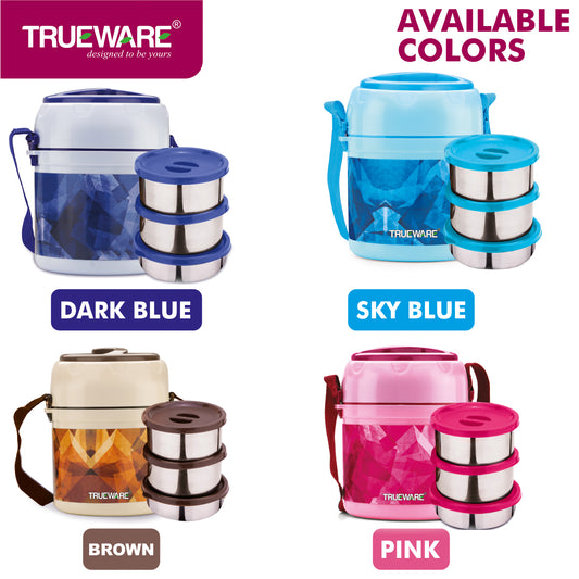 Trueware Office 3 Lunch Box with 3 Stainless Steel Container,300ml X 3 Brown