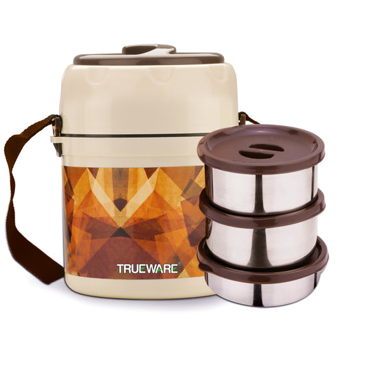 Trueware Office 3 Lunch Box with 3 Stainless Steel Container,300ml X 3 Brown