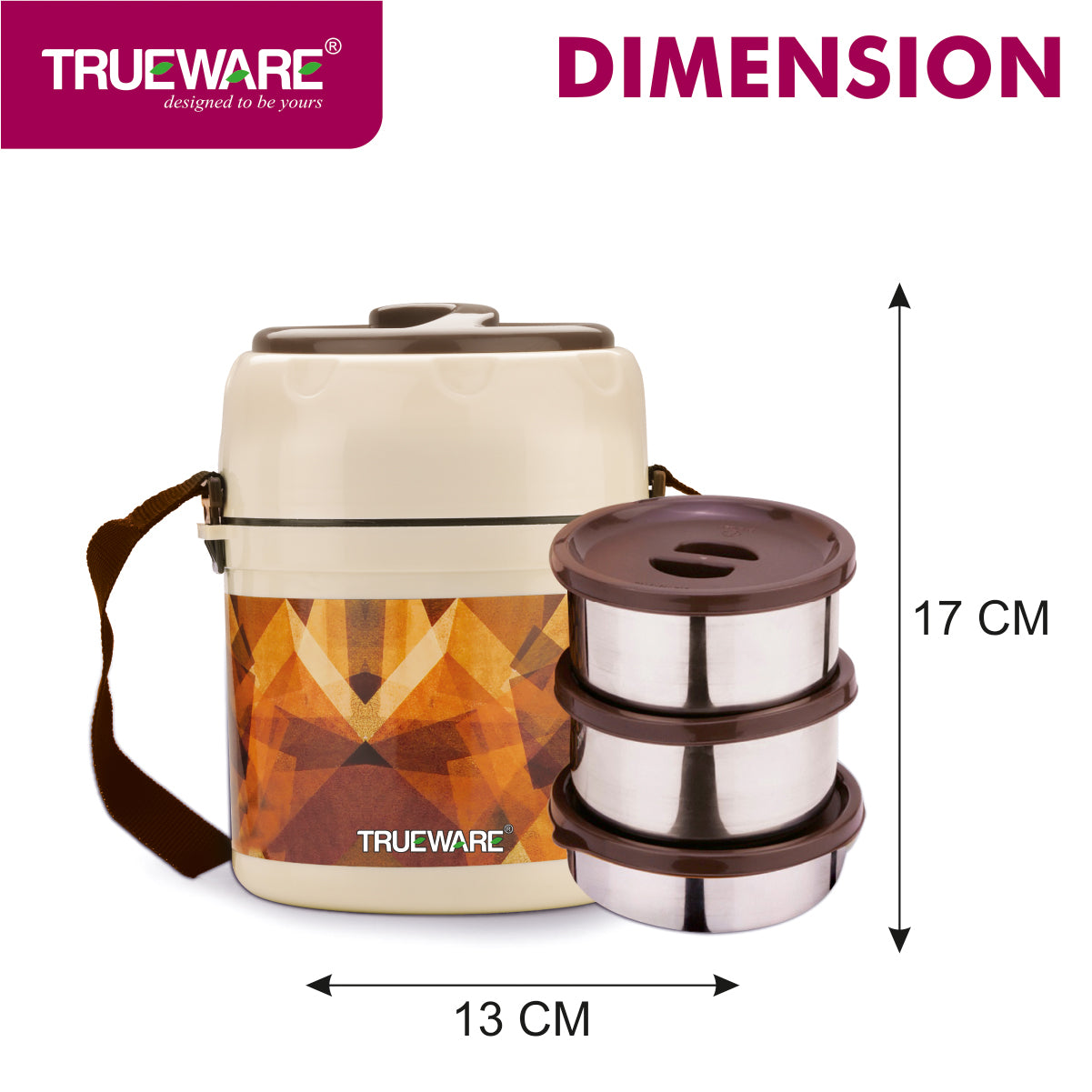 Trueware Office 3 Lunch Box with 3 Stainless Steel Container,300ml X 3 Brown